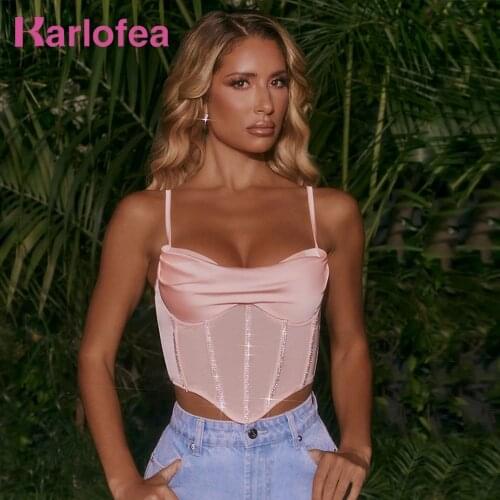 Karlofe Night Club Party Clothes For Women 2021 Underwire Padded Bustier Vest Camis Diamonds Satin Mesh Corset Sexy Crop Tops