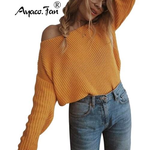 Sexy Off Shoulder Loose Women Sweaters 2019 Autumn Winter New Slash neck Solid Batwing Knitted Pullovers Slim Lady Warm Sweater