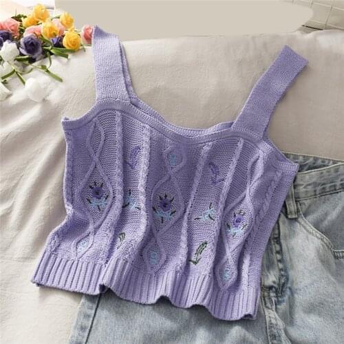 Women Knitted Crop Camis Top Ladies Floral Embroidery Knitted Short Vest Summer Sweater Vintage Tank Crop Camis Top 2020 New