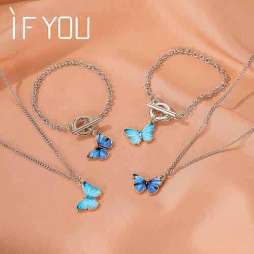 IF YOU New Fashion Purple Blue Butterfly Pendant Necklace for Women Bohemian Butterfly Jewelry Set Layered Statement Necklace