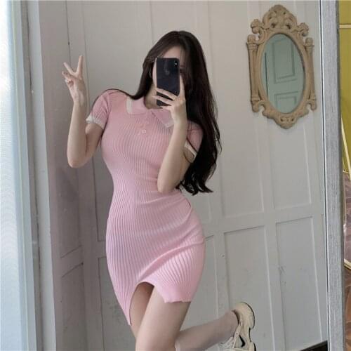 2021 Summer New Sexy Dress for Women Knitted Short Sleeve Turn-down Collar Bodycon Vestidos Retro High Waist Robe Femme Korean