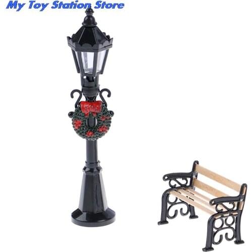 2Pcs/Set 1/12 Dollhouse Miniature Christmas Park Street Lamp & Bench Doll Garden Decor Garden Furniture Miniature Decor Toy