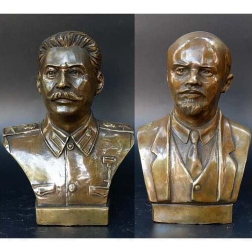 2PCS School history collection HOME Decorative art World War II Russia Soviet Union leader Lenin Stalin copper statue