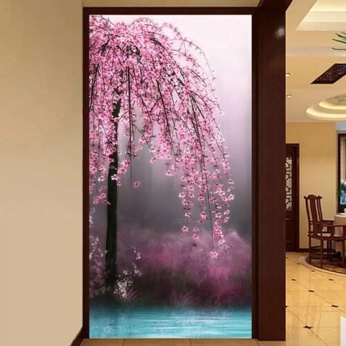 5d Diy Diamond Painting Pink peach tree lake full square round diamond embroidery mosaic Rhinestone home decor pictures N482
