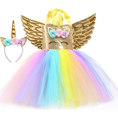 Girls Unicorn Dress for Kids Birthday Party Gift Gold Sequins Flowers Princess Tutu Dress Halloween Cosplay Costume Outfit 1-14Y