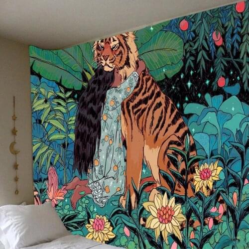 INS Wall Tapestry Jungle Girls Tiger Hanging Wall Home Decoration Living Room Bohemian Floral Tapestry Room Decor Aesthetic