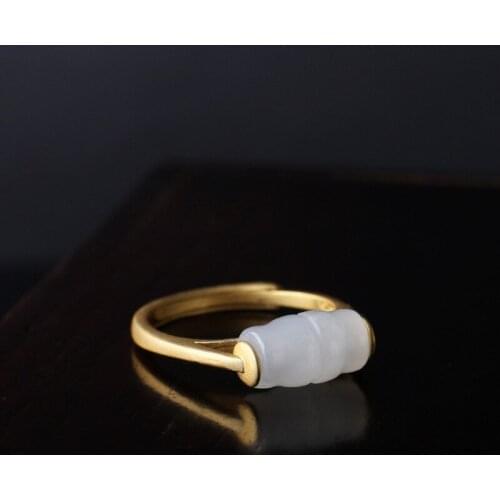Natural 925 sterling silver gilded inlaid hetian jade rings natural jade rings resizable rings for women engagement