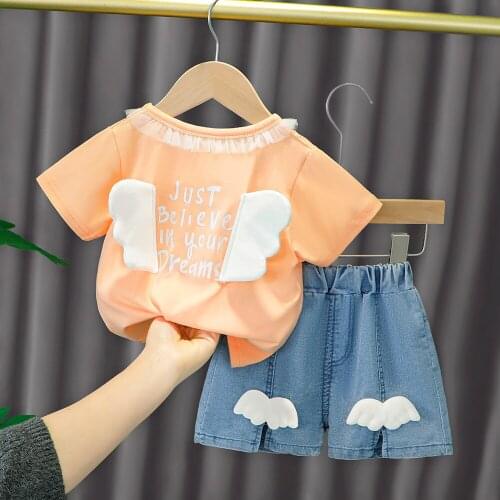 2021 New Summer Cute Baby Girls Clothes Sets Cartoon Wings Ruffles Lace Short Sleeve T Shirts+Denim Shorts Kids Children Clothes