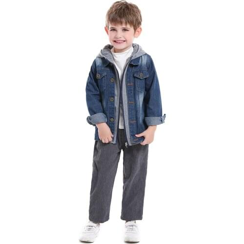 Top and Top Winter Autumn New Fashion Boys Girls Full Sleeve Sporty Denim Coat Zipped Hooded Fake-two Spliced Jacket Outerwear