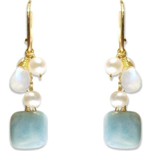 Lii Ji Natural Square Larimar Moonstone Drop Beads Freshwater Pearl 925 Sterling Silver 18K Gold Plated Handmade Drop Earrings