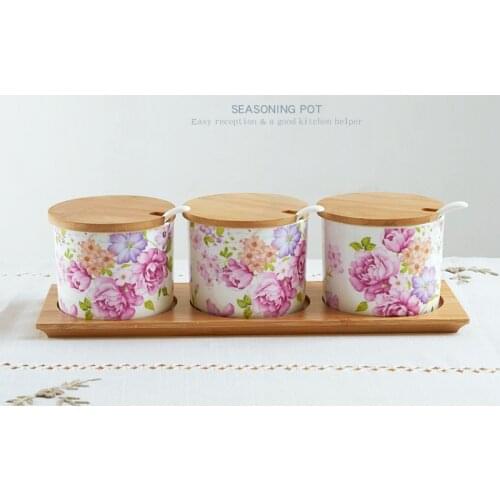 3pcs set, fine bone china spice rack set with spoon and lid, pink lower design, salt and pepper spice jar, porcelain spice box