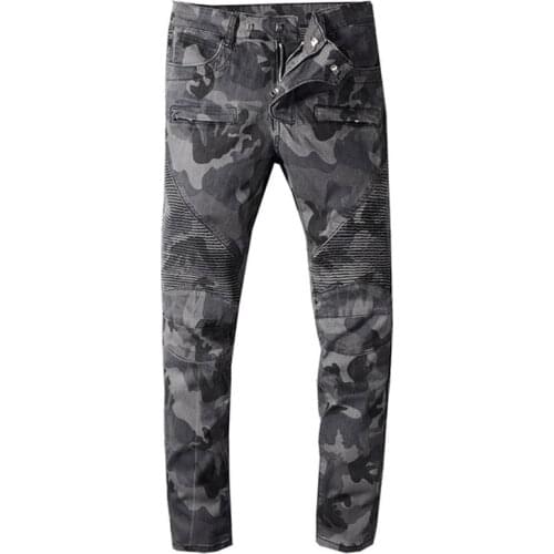 New mens male fashion casual camouflage printed biker jeans for motorcycle Military pleated slim stretch denim pants trousers