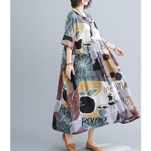 Plus Size Vintage Floral Print Summer Boho Dress Women Casual Beach Cotton Linen Sundress Long Dresses 4XL 5XL Femme Vestido