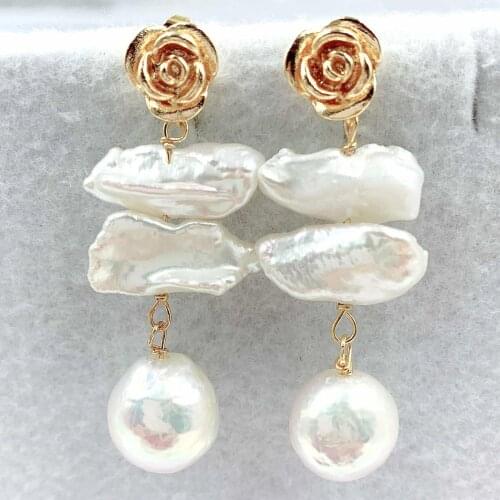 12x14mm White Baroque Pearl Earrings Gold Ear Drop Irregular AAA Cultured Real Aurora Jewelry Earbob Classic Fashion Party