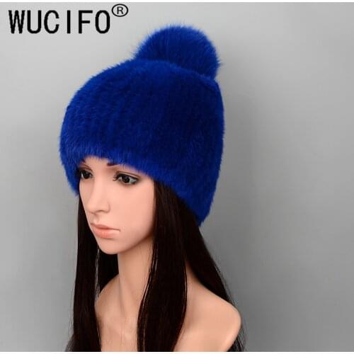 WUCIFO Hot Sale Real Mink Fur Hat Women Winter Knitted Mink Fur Beanies Cap With Fox Fur Pom Poms Handmade New Thick Female Cap