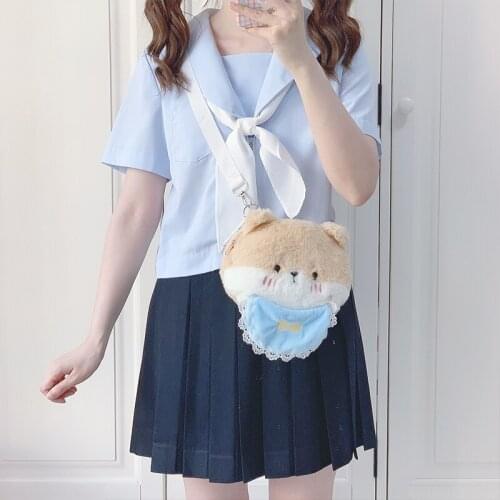 Cute Japanese Lolita Style Girls Shiba Inu Dog Round Plush Messenger Bag Mini Soft Purse