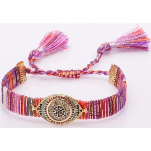 Deep blue cz paved evil eye protection charm on orange hot pink soft cotton silk wristband adjustable gold bracelet for woman