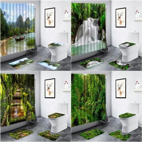 Tropical Forest Waterfall Shower Curtain Green Plants Trees Rural Scenery Bathroom Decor Carpet Non-slip Rug Toilet Bath Mat Set