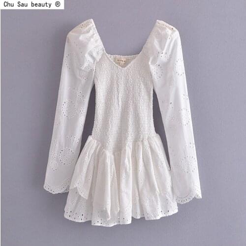 Vintage Early Autumn 2021 New V-Neck Embroidery Puff Sleeves Irregular Ruffled Elastic Waist Women Dress Solid Color Vestido