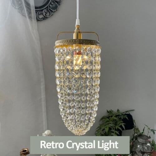 All Copper Light Luxury Pendant Lamp Bedside Art Crystal Beads Hanging Light Retro Dining Table Bar Balcony Indoor Lighting