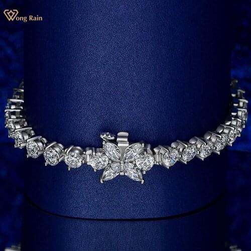 Wong Rain 100% 925 Sterling Silver Created Moissanite Gemstone Romantic Four Clover Charm Bracelets Engagement Fine Jewelry