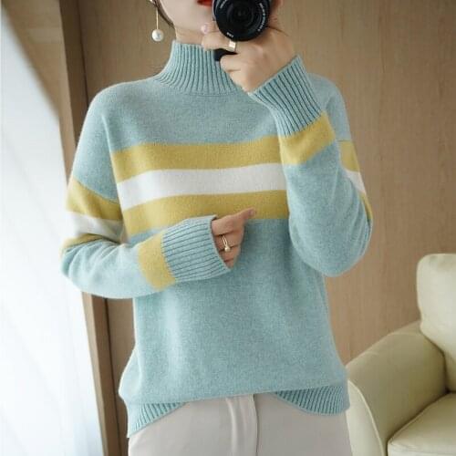 Pure wool sweater womens high neck loose Korean style short color matching striped sweater cashmere knitted winter new