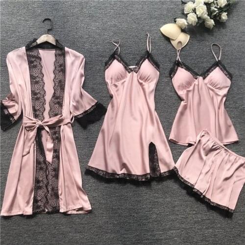 2019 Women Pajamas Sets Silk 4 Pieces Nightwear Satin Sleepwear Pyjama Spaghetti Strap Lace Sleep Lounge Pijama With Chest Pads
