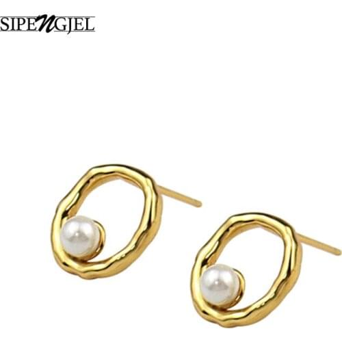 SIPENGJEL Trendy Pearl Stud Earrings Gold Color Round Irregular Geometric Personality Earring For Women Fashion Jewelry