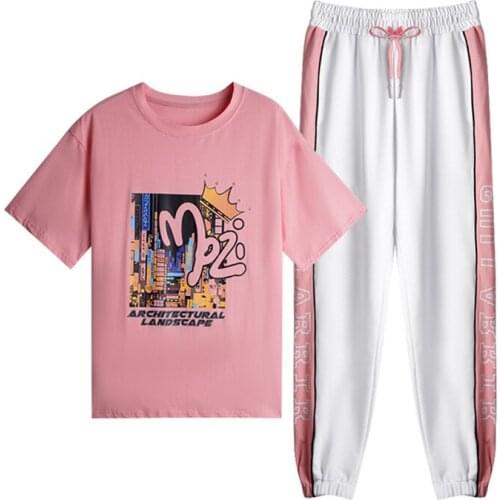 2021 Summer New Short Sleeve Pink Tracksuit Women Fashion Korean Casual Polyester Printing T Shirt + Harem Pants Two piece set
