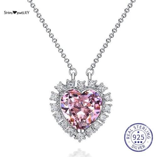 Shipei Romantic Cute 925 Sterling Silver Pink Sapphire Heart Greated Moissanite Wedding Fine Jewelry Engagement Pendant Necklace