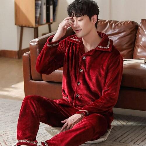 Winter Thicken Warm Soft Flannel Pajamas Men Long-sleeved Sleepwear Pijama Couple Homme Nightwear Cardigan Pyjamas Sleepwear Men