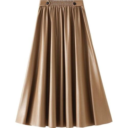 2020 Winter Skirts Womens PU Leather Skirt Vintage High Waist Button Decorated A Line Longa Saia Chic Ladies Bottoms Autumn