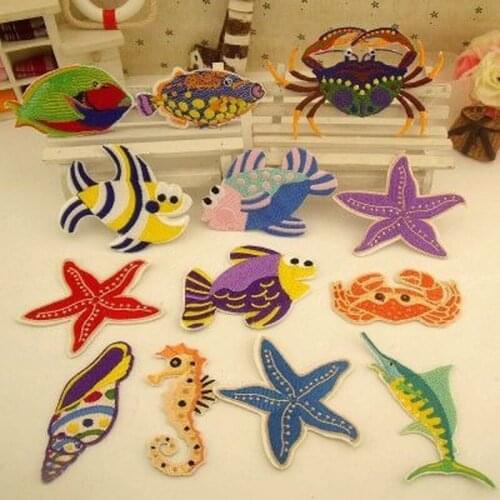 50pcs/lot Aquatic Creatures Embroidery Patches Letters Clothing Decoration Accessories Diy Iron Heat Transfer Applique