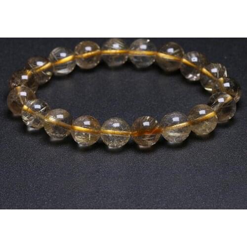 Brazil 100% Natural Gold Rutilated Quartz Round Beads Bracelet Women Men Crystal Gem Reiki Stretch Certificate