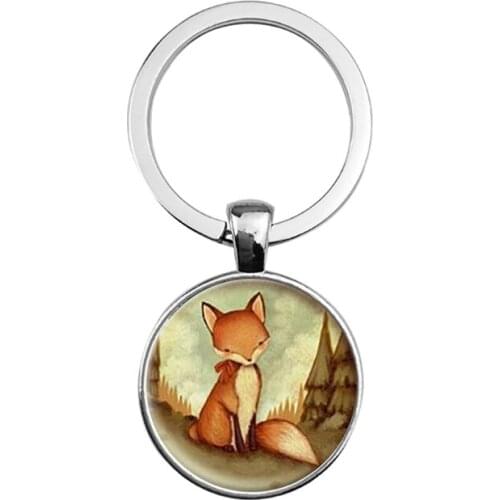 SUTEYI Cute Fox Pictures Key Chains Holder Handmade Quality Round Glass Dome Pendant Charms Animal Jewelry Women Men Gifts