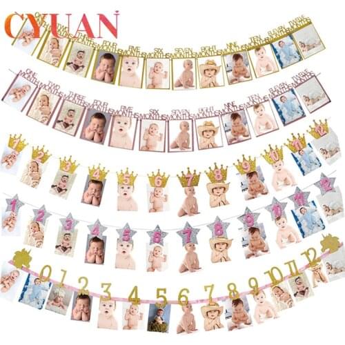 CYUAN Happy Baby Birthday Banners 12 Months Photo Bunting Baby Shower Paper Garland Boy Girl 1st Birthday Party Decoration