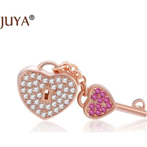 Fashion Luxury AAA Zircon Rhinestone Heart Charm Lock and Key Beads For DIY Original Bracelet Accessories Findings Big Hole Bead