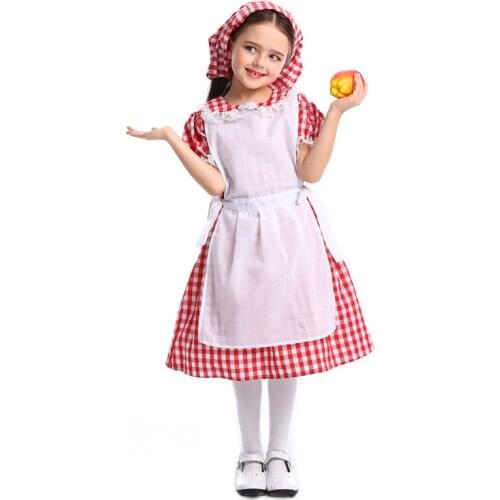 Child Girls German Oktoberfest Dirndl Maid Costume Peasant Lacing Up Apron Red Plaid Dress Outfit For Kid Girls 4-12T