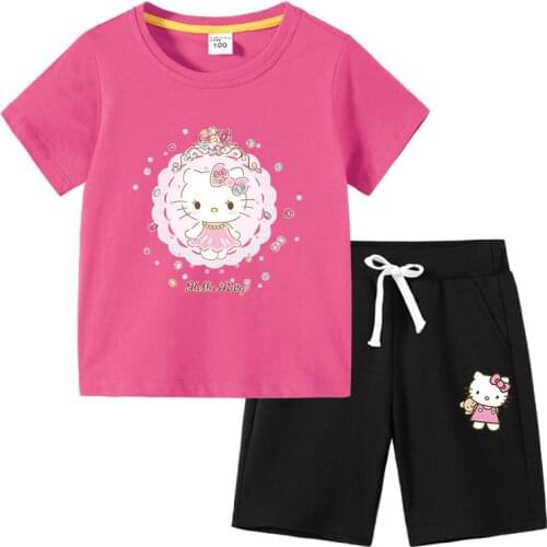 Sanrio hello kitty 2021 childrens Pure cotton suit summer girl treasure hot pants short-sleeved T-shirt shorts leisure sports