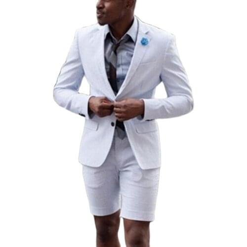 White Linen Summer Men Suits with Short Pants Slim Fit 2 Piece African Wedding Tuxedo for Groom Business Male Fashion Blazer