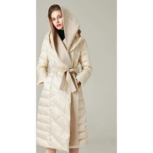 Obrix Female Duck Down Filler Warm Jacket Hooded Knee Length Cashmere Full Sleeve Coat Belt Winter Parka For Women