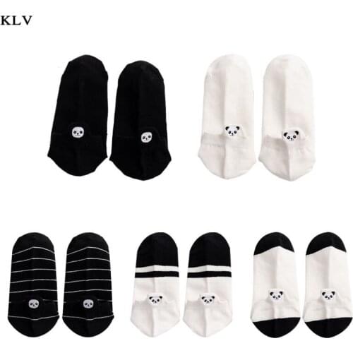 Female Girls Cute Cartoon Panda Embroidery Cotton Boat Socks Black White Stripes Low Cut Shallow Mouth Short Hosiery