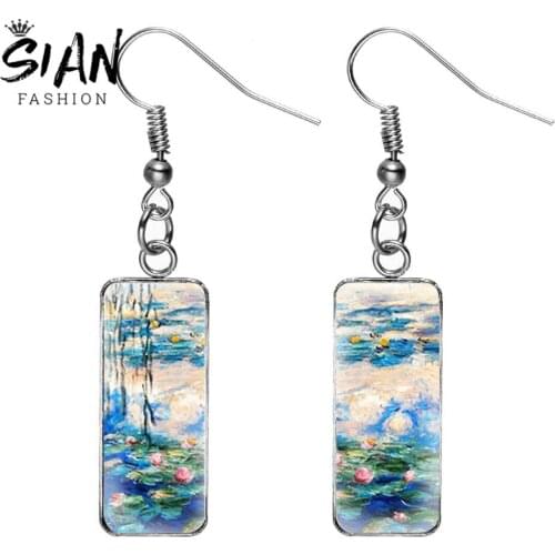 Fashion Water Lily Rectangular Drop Earrings Art Picture Glass Dome Stainless Steel Material Dangle Fish Hook Earrings for Women