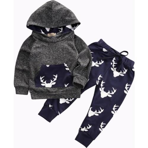 Autumn Winter Baby Kids Boys Girl Long Sleeve Deer Hoodie Tops T-shirt+Pant Casual Warm Outfits Set