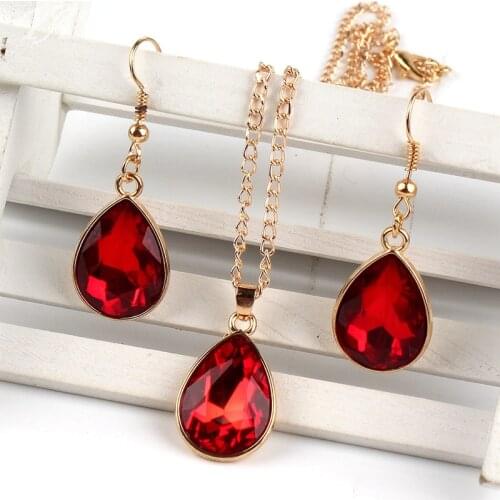 1 set Rose Gold Water drop Pendant Necklace & earrings Fashion Jewelry red