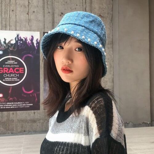 Bucket Hat Women Denim Pearl Designer Panama Retro Get Old Japanese Style Blue Fishing Adjustable 2020