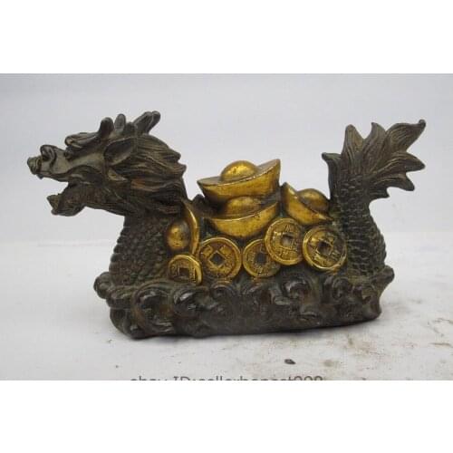 China Marked Dynasty Bronze Lucky Wealth Coin YuanBao Dragon Boat ship statue