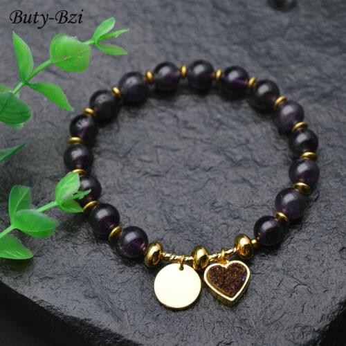 Dark Purple Color Stone Round Beads Natural Gold Plated Druzy Heart Charms Bracelet Jewerly Couple Love Party Gift