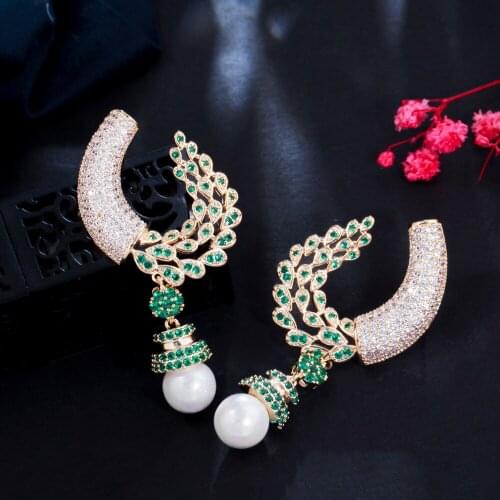 ThreeGraces Luxury Green Cubic Zirconia Long Dangle Simulated Pearl Earrings for Ladies Dubai Gold Color Wedding Jewelry ER675