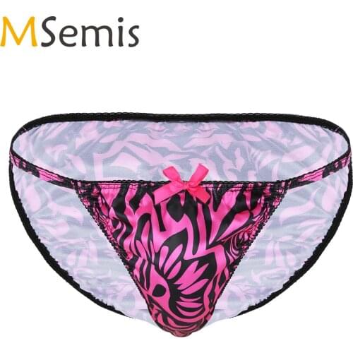 MSemis Gay Sissy Panties String Swimwear Bikini Men Erotic Sexy Lingerie Underwear Briefs Shiny Satin Rose Floral Print Panties